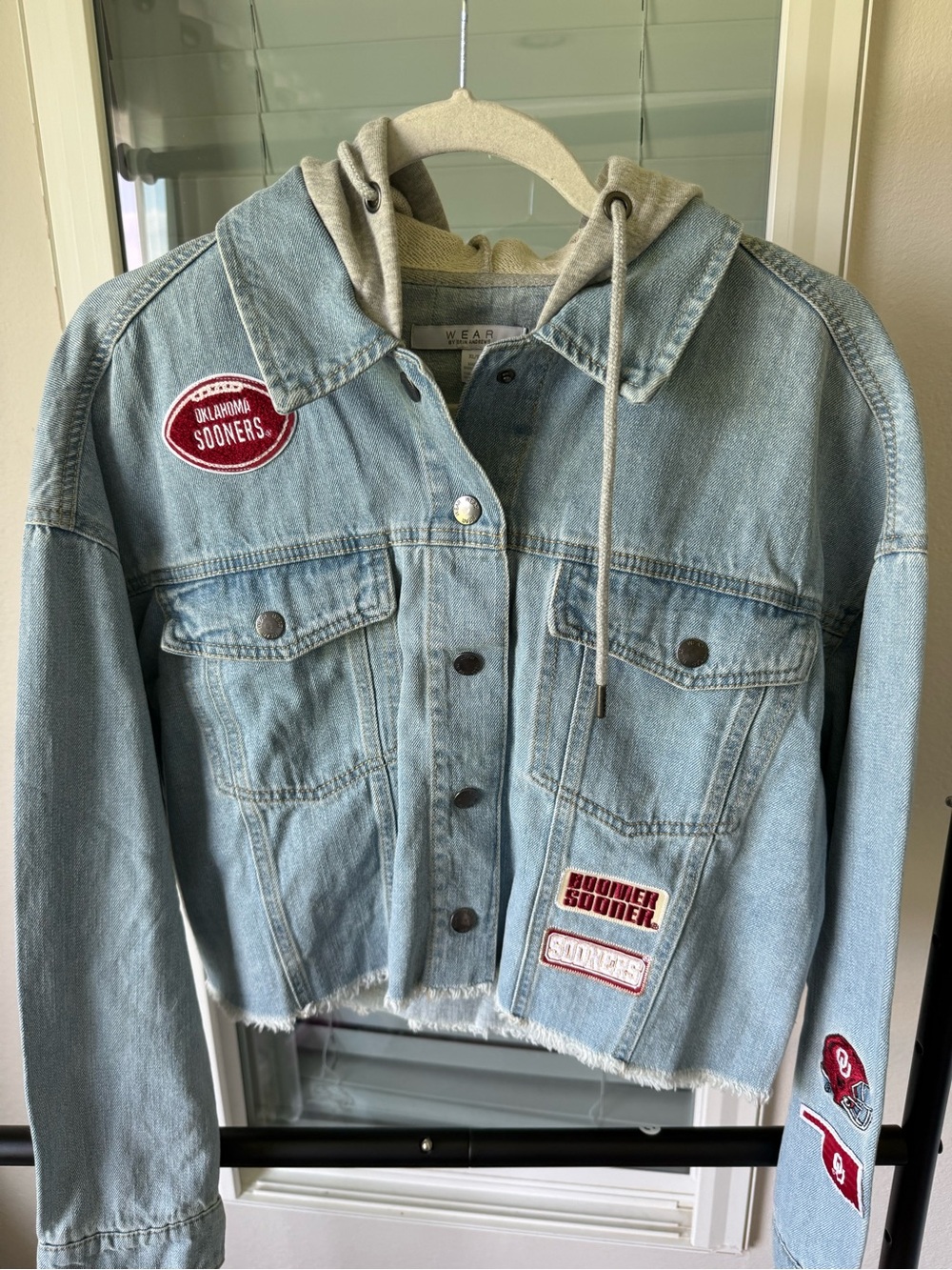 Light Wash Denim Jacket with Hood | Red Oklahoma Sooners Patches